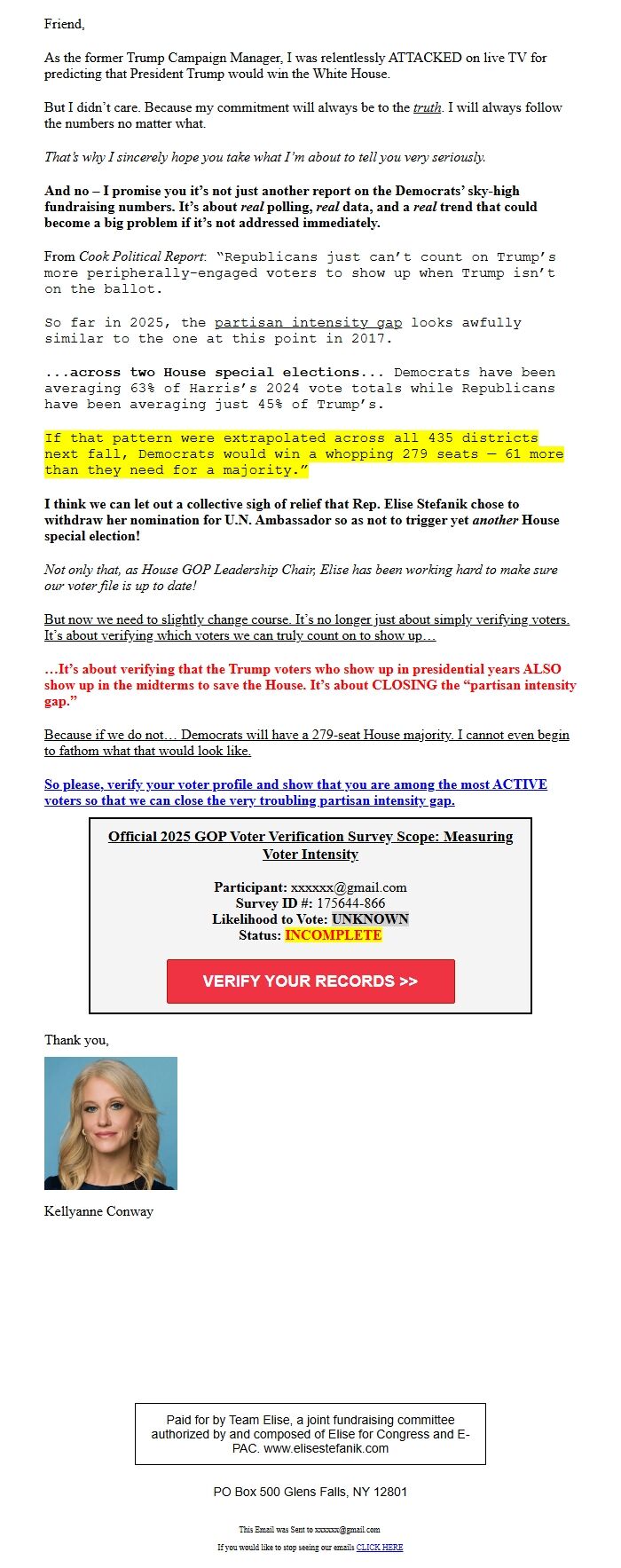 Screenshot of the email generated on import