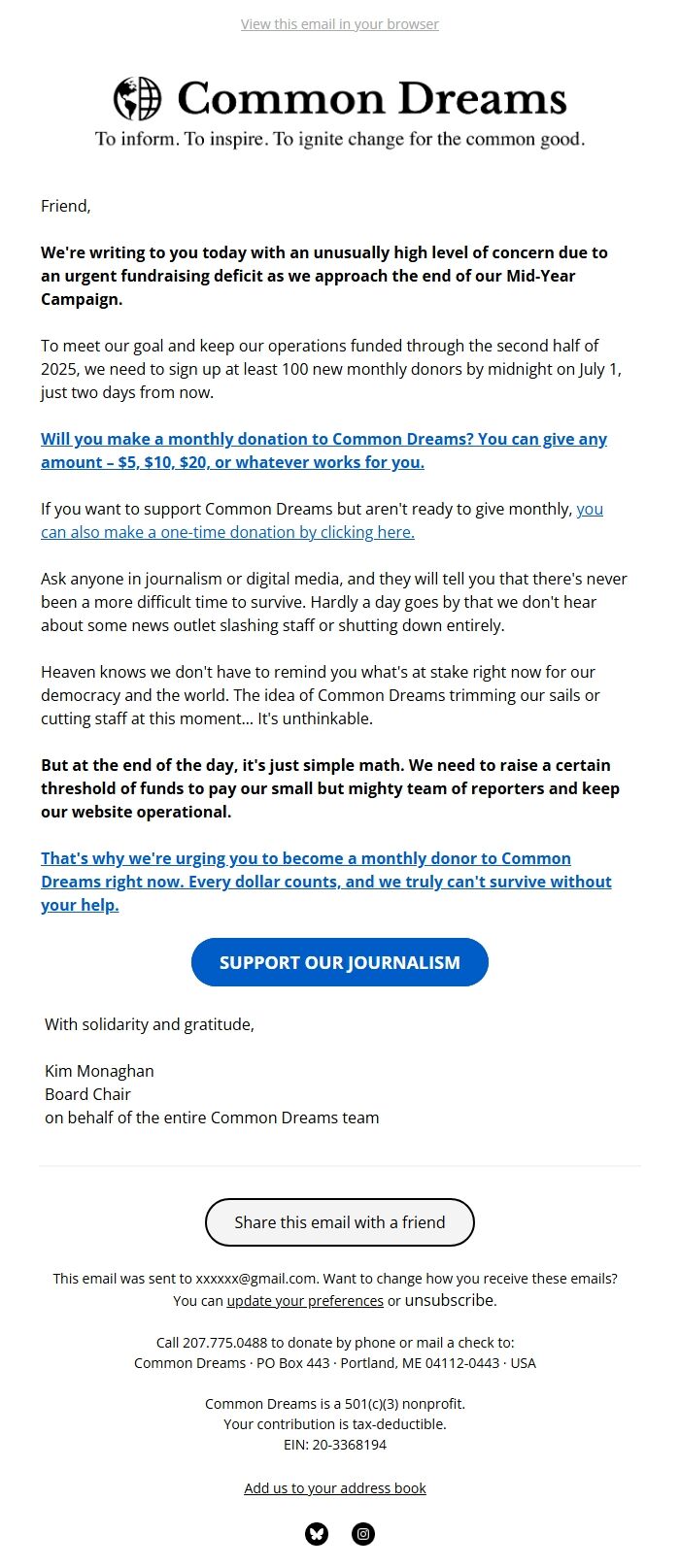 Screenshot of the email generated on import