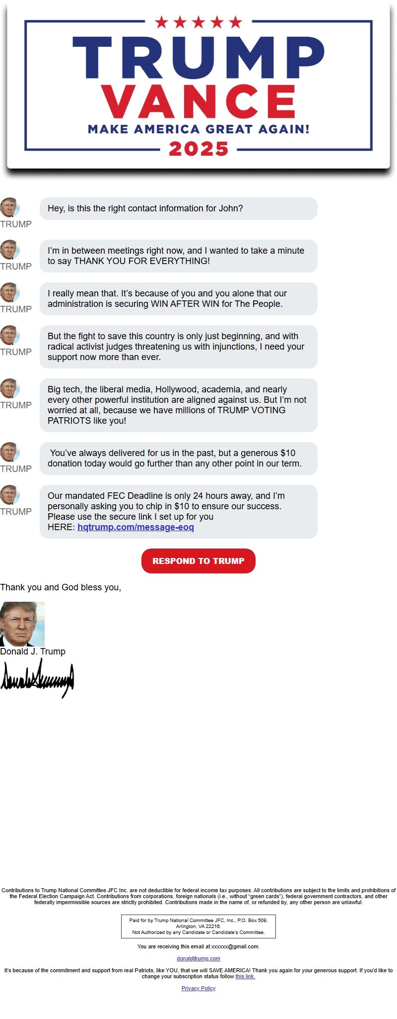 Screenshot of the email generated on import