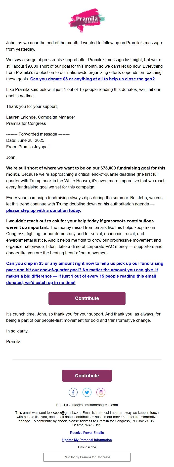 Screenshot of the email generated on import