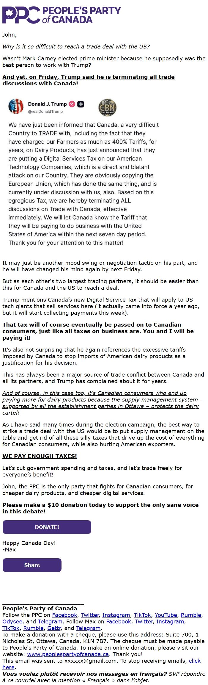 Screenshot of the email generated on import