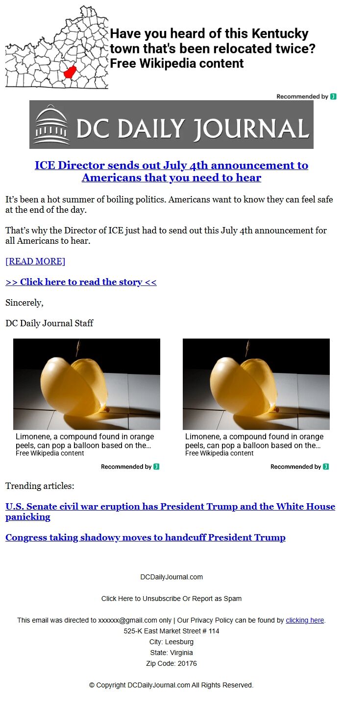 Screenshot of the email generated on import