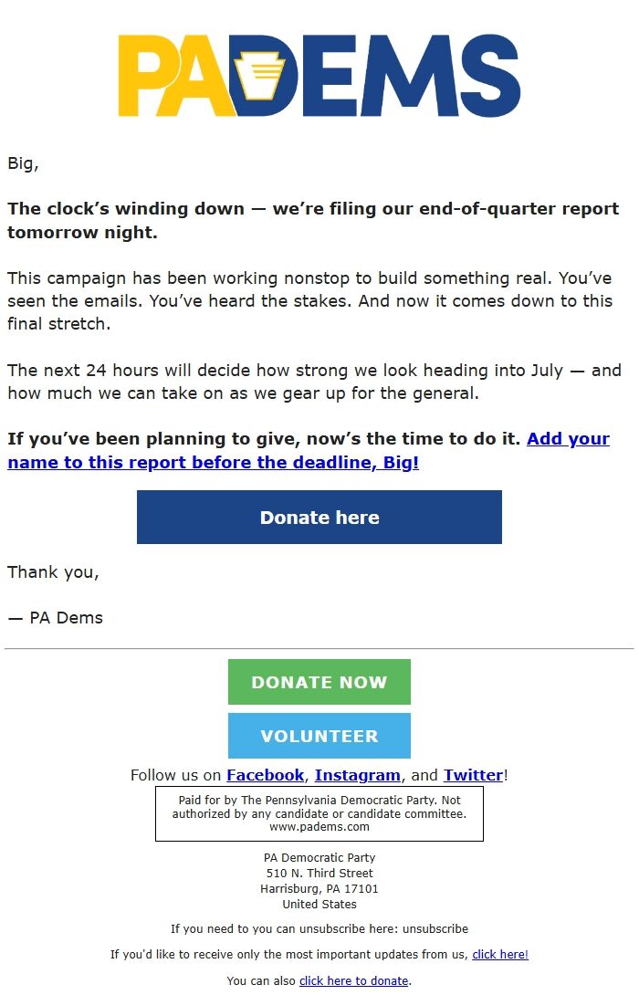 Screenshot of the email generated on import