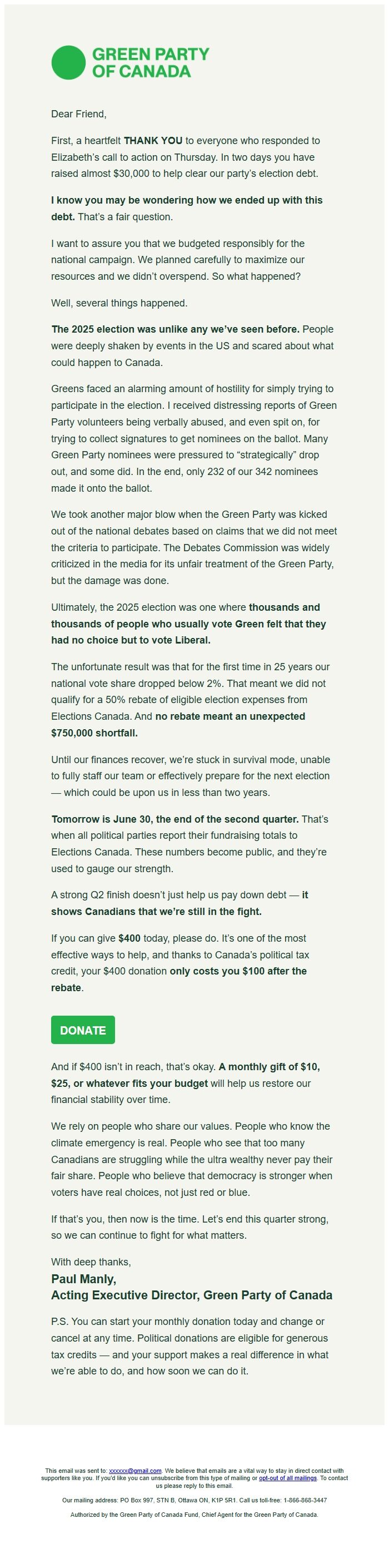 Screenshot of the email generated on import