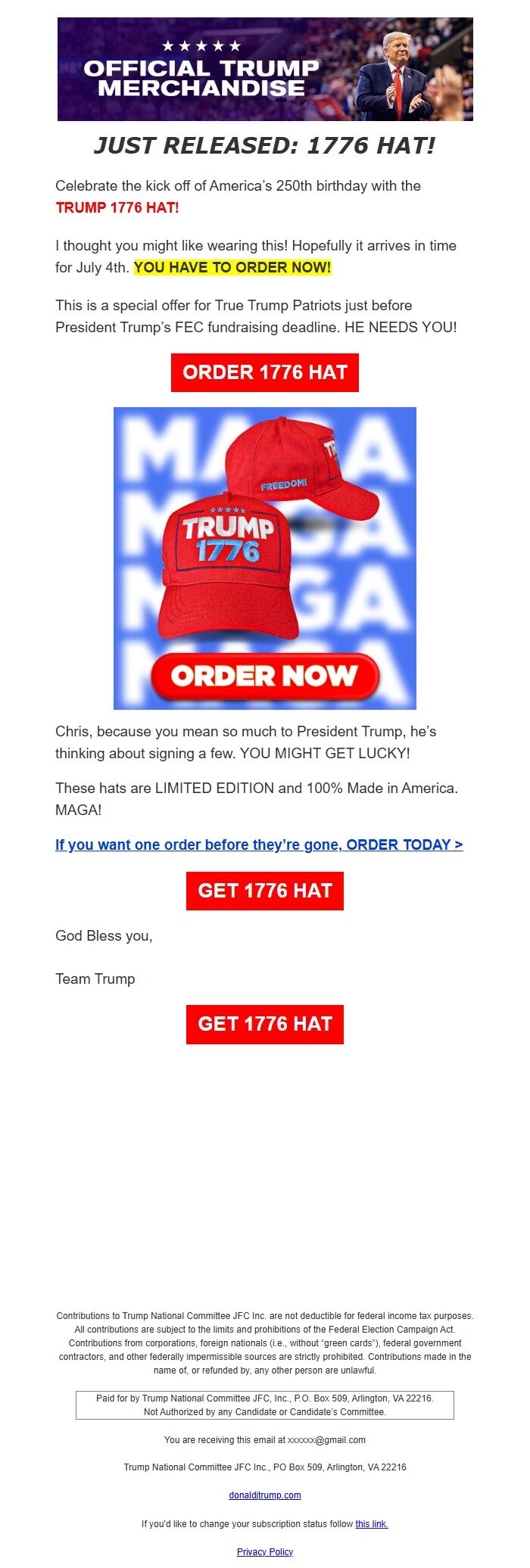 Screenshot of the email generated on import