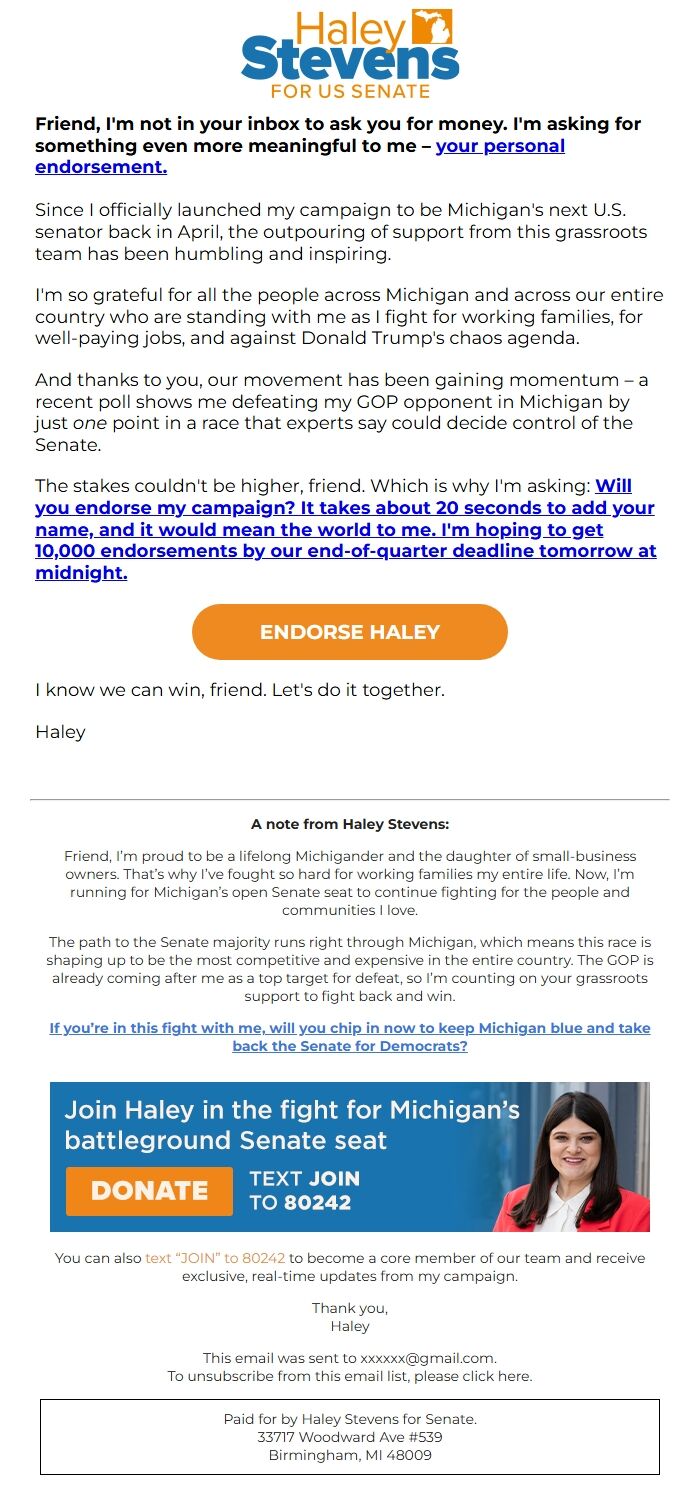Screenshot of the email generated on import