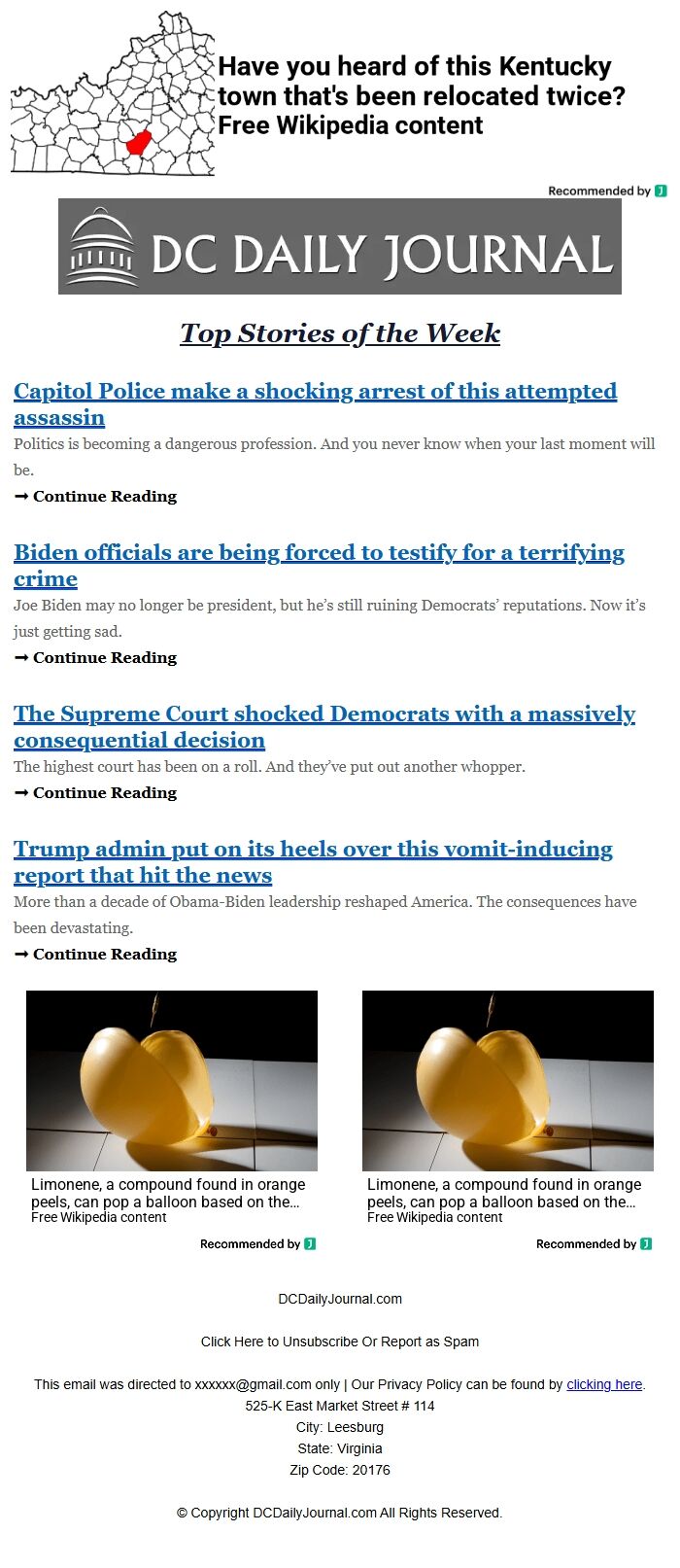 Screenshot of the email generated on import