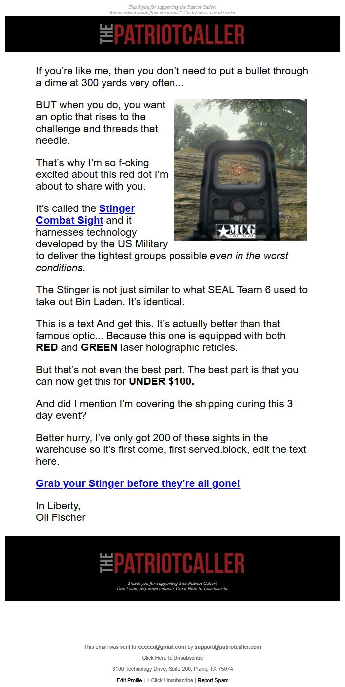 Screenshot of the email generated on import