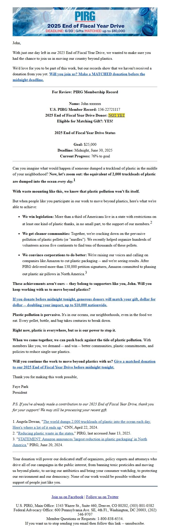 Screenshot of the email generated on import
