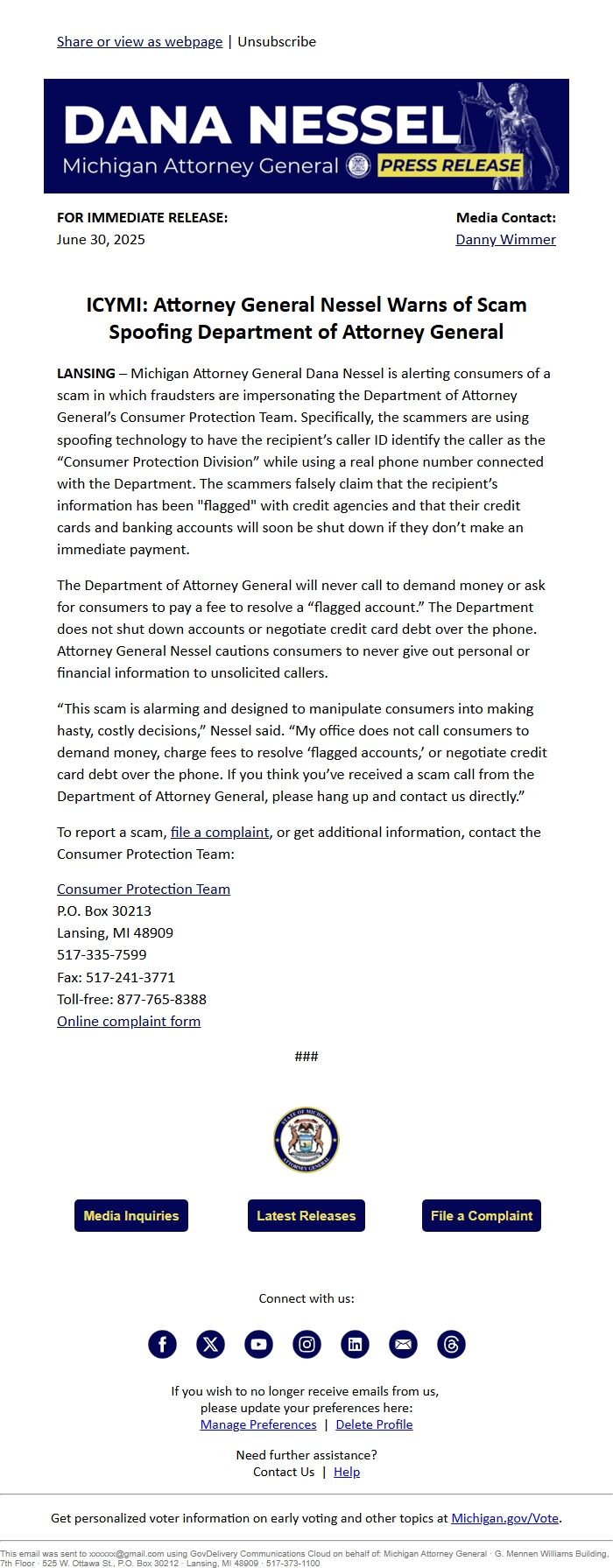 Screenshot of the email generated on import