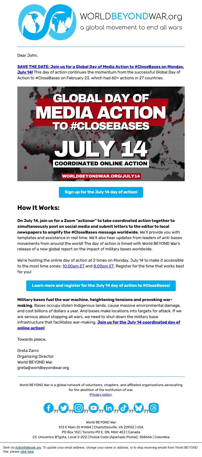 Screenshot of the email generated on import