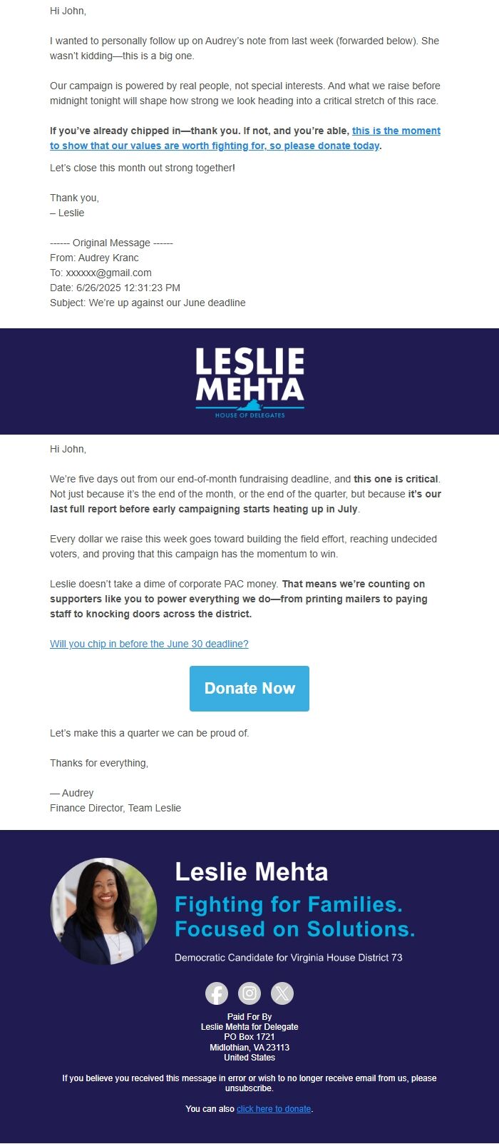 Screenshot of the email generated on import