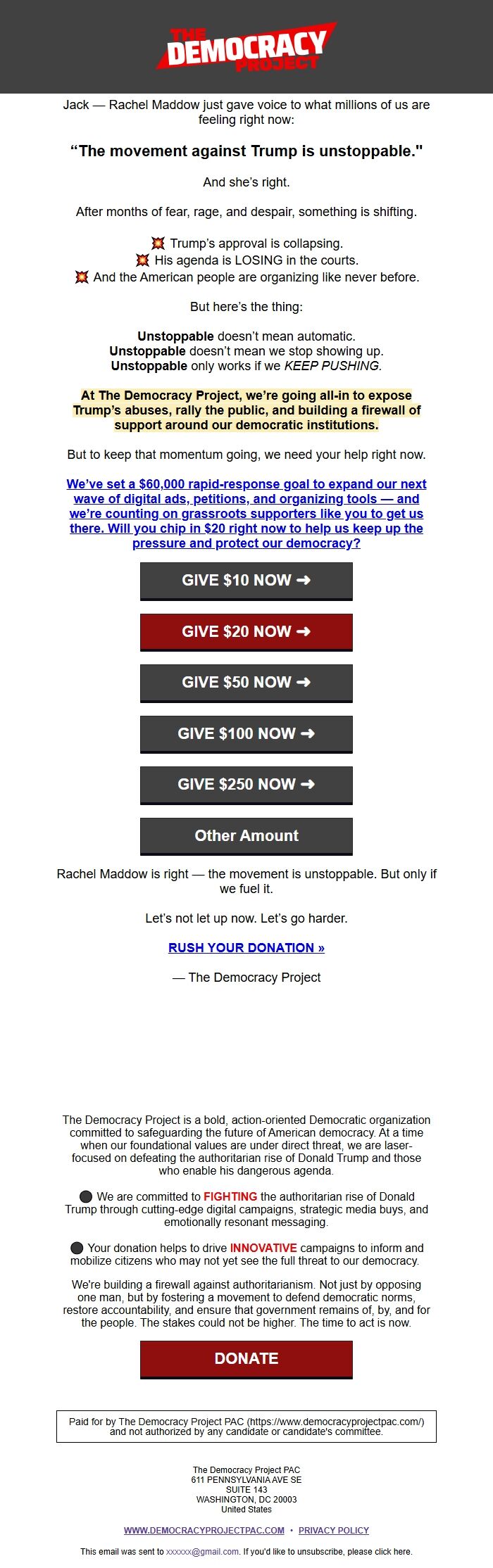 Screenshot of the email generated on import