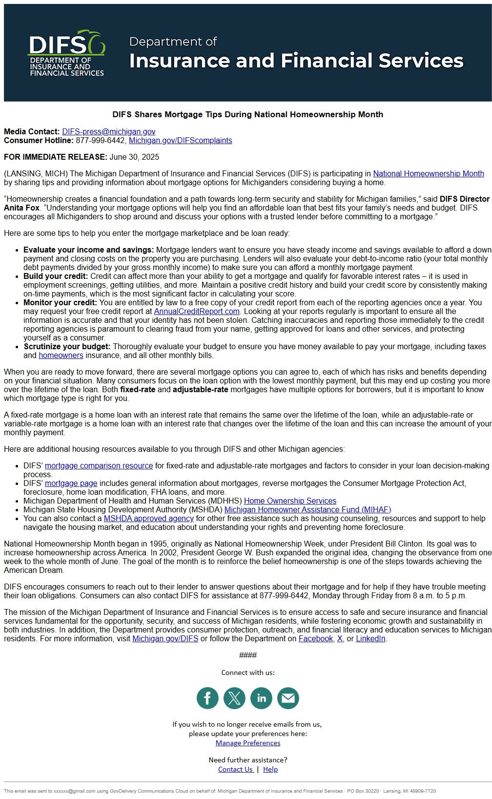 Screenshot of the email generated on import