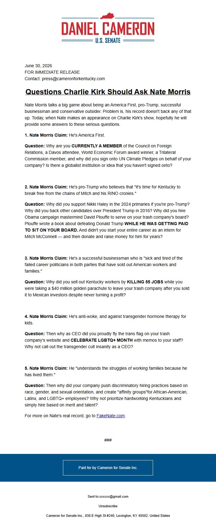 Screenshot of the email generated on import