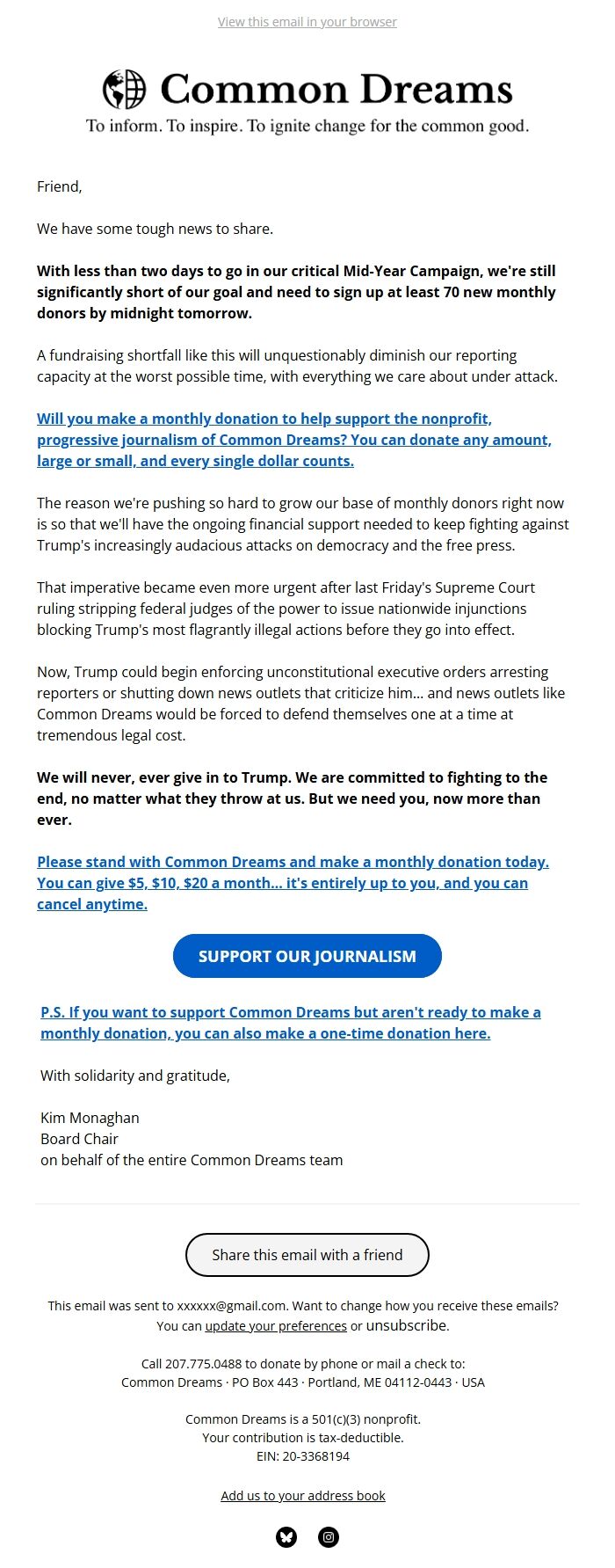Screenshot of the email generated on import