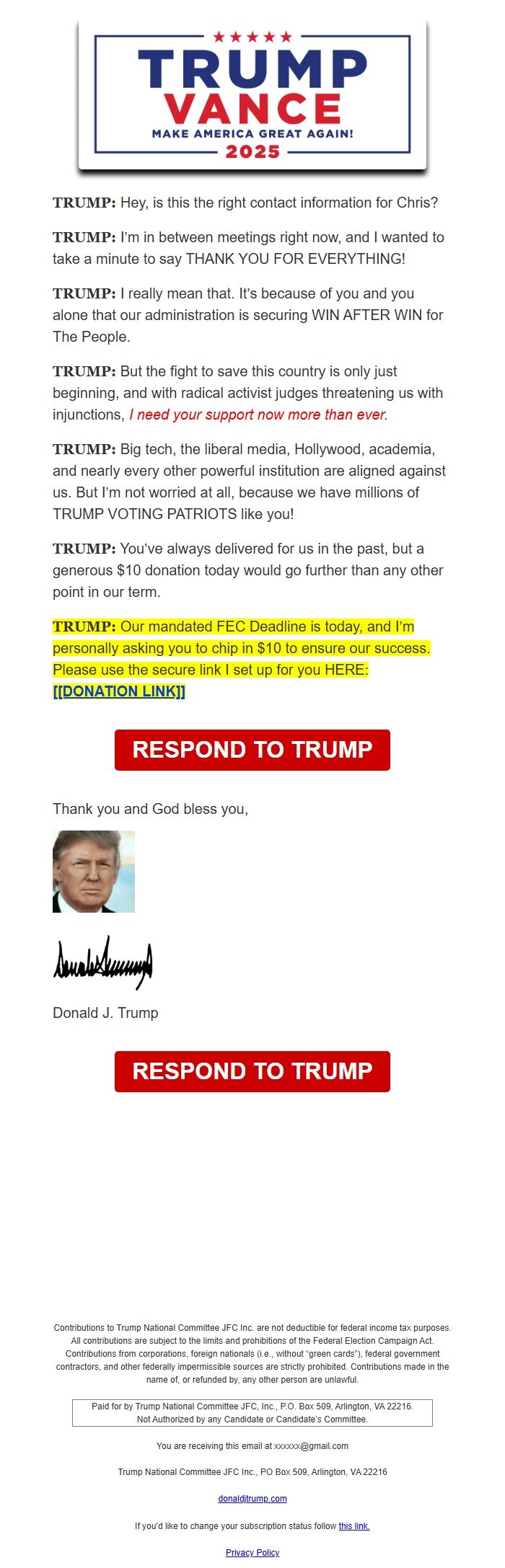 Screenshot of the email generated on import