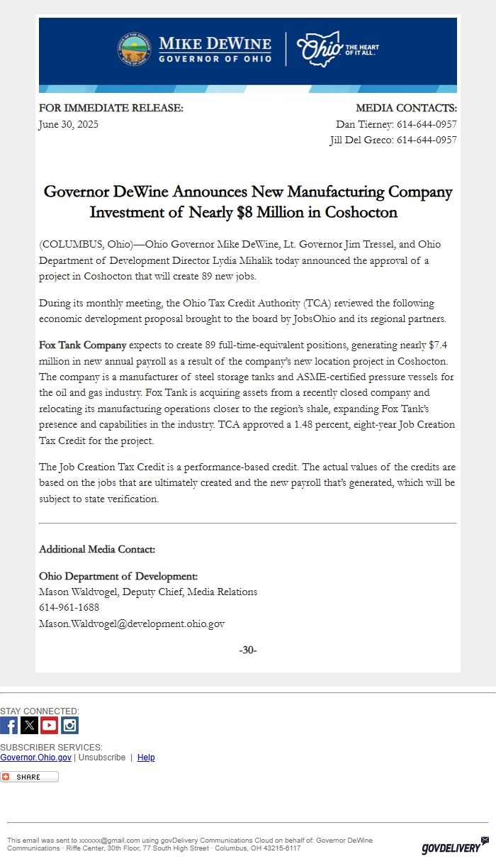 Screenshot of the email generated on import