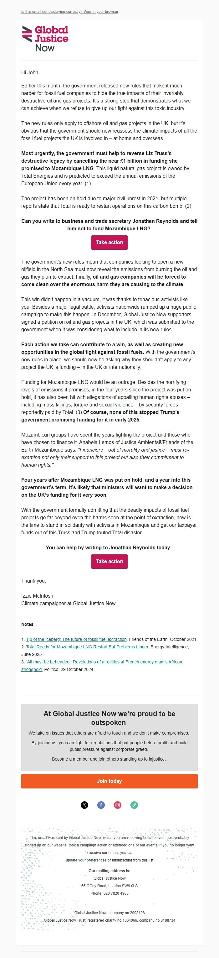 Screenshot of the email generated on import