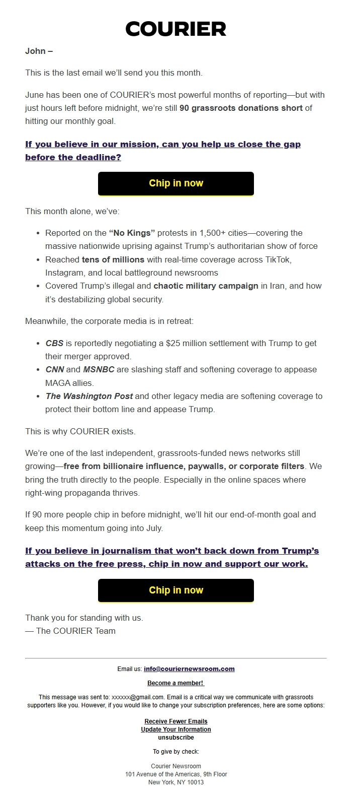 Screenshot of the email generated on import