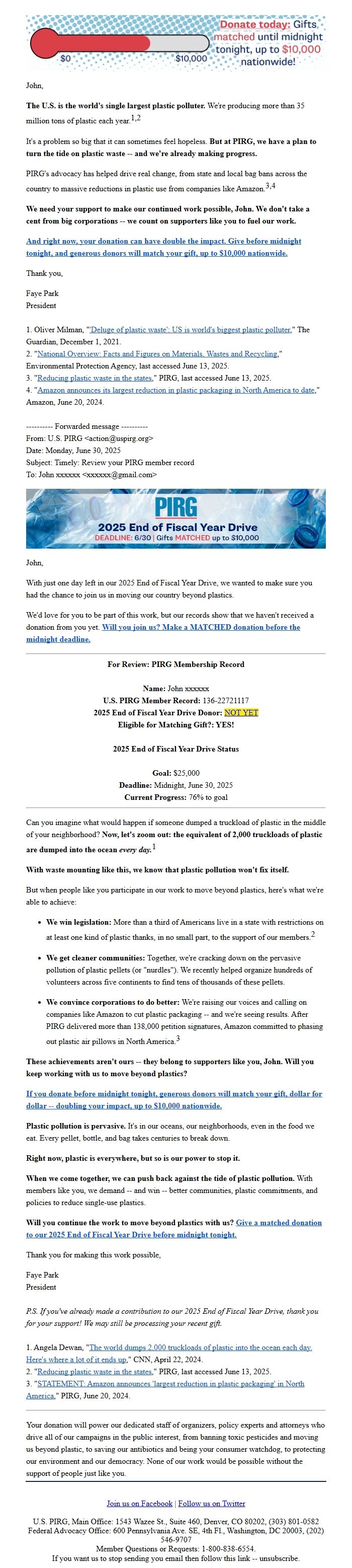 Screenshot of the email generated on import