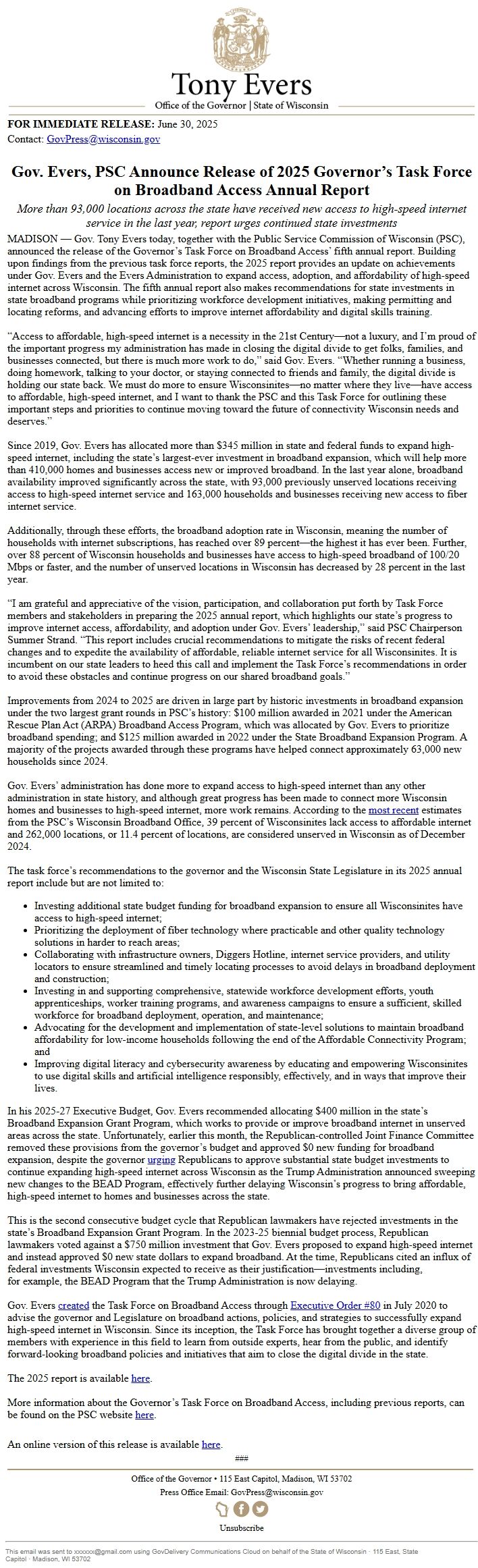 Screenshot of the email generated on import