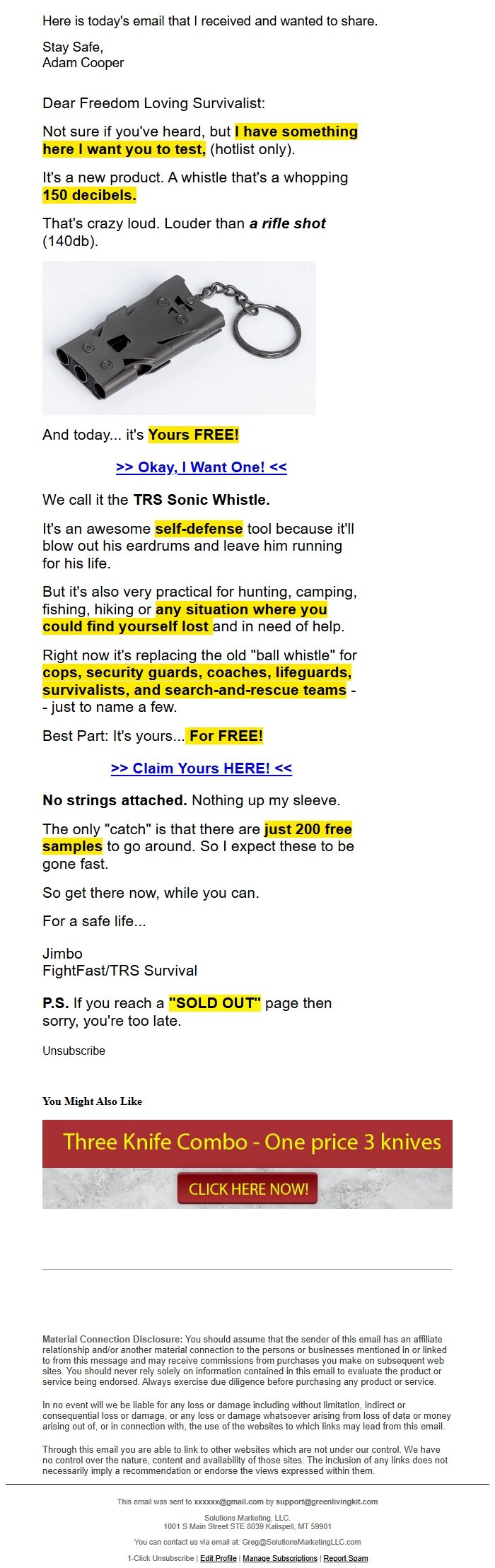 Screenshot of the email generated on import