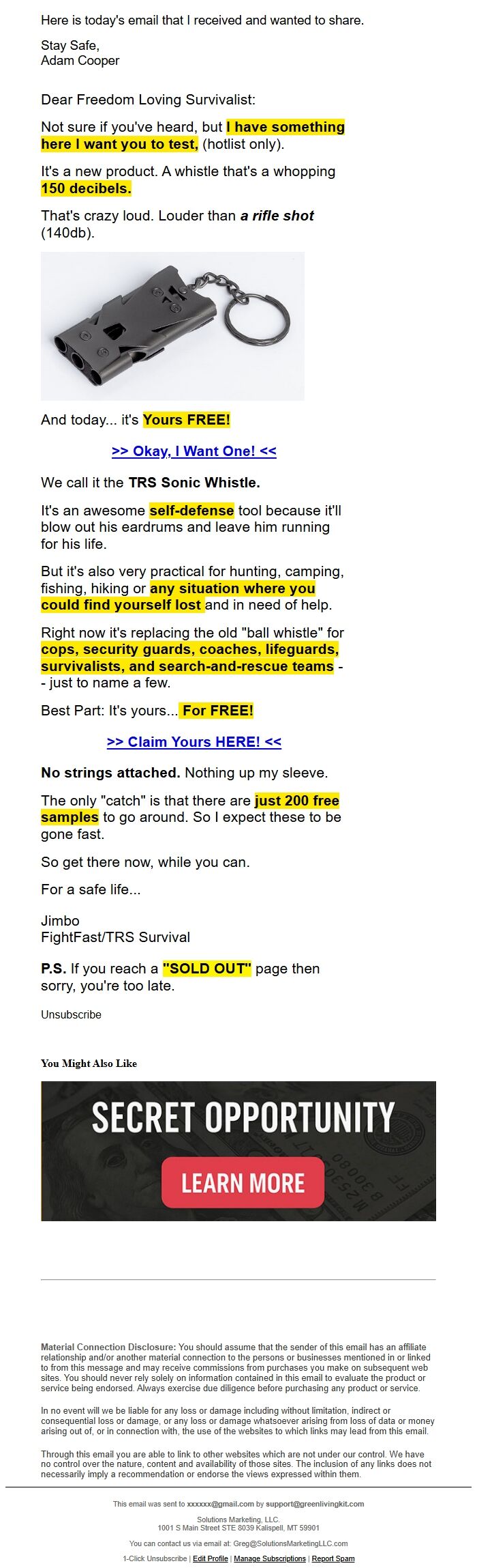 Screenshot of the email generated on import