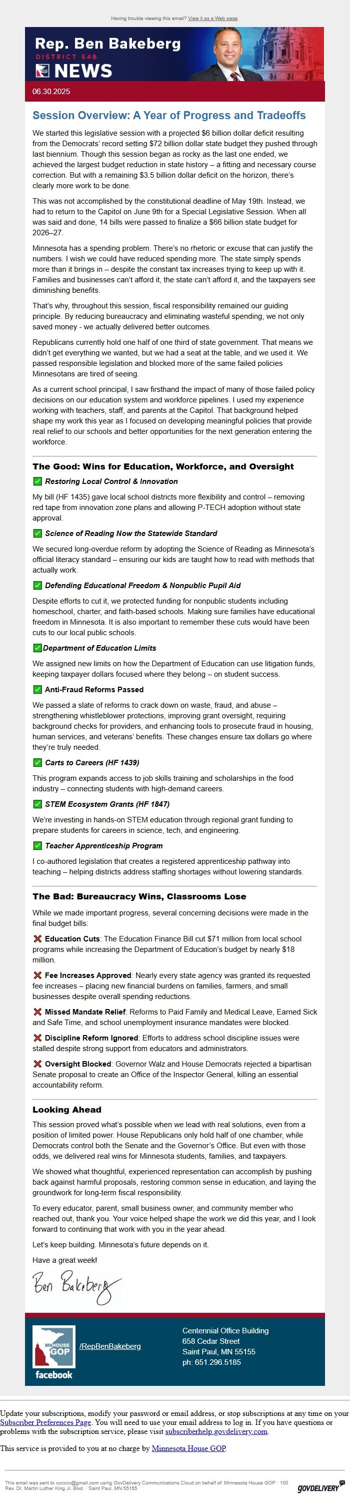Screenshot of the email generated on import
