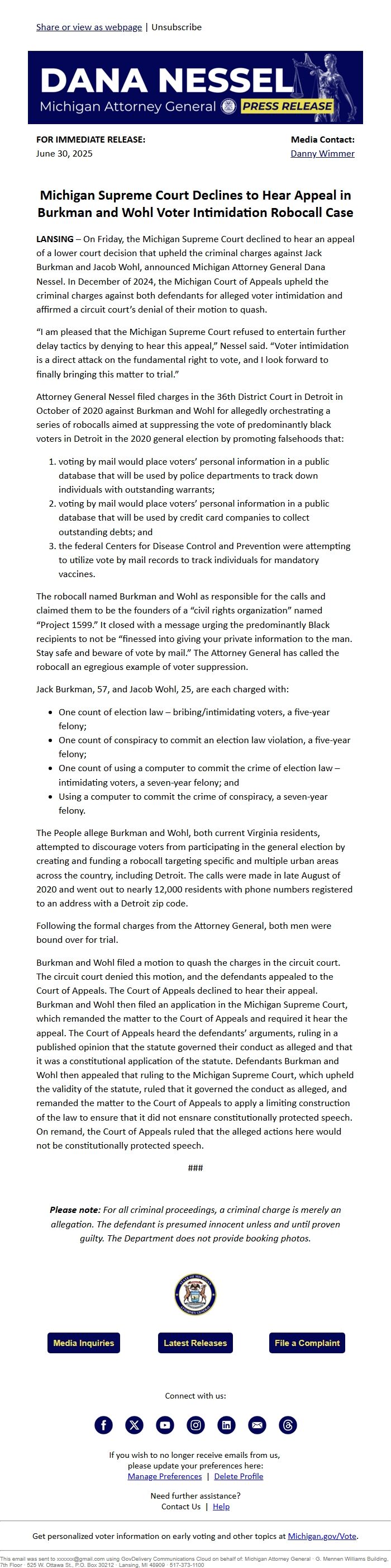 Screenshot of the email generated on import