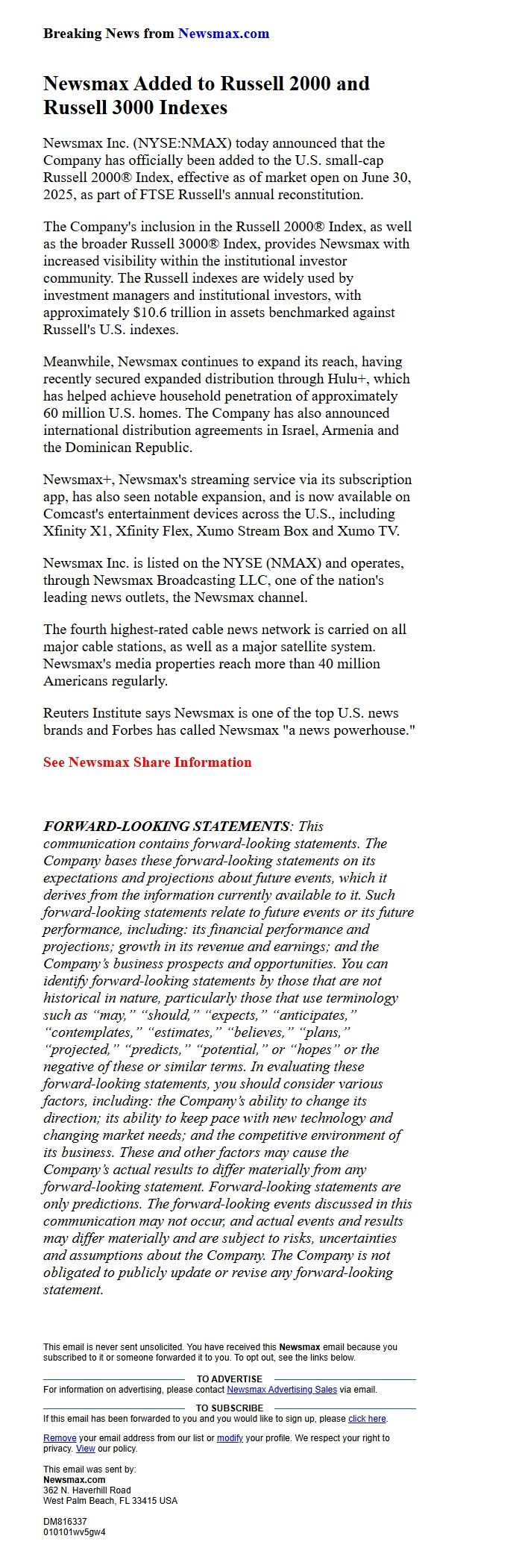 Screenshot of the email generated on import
