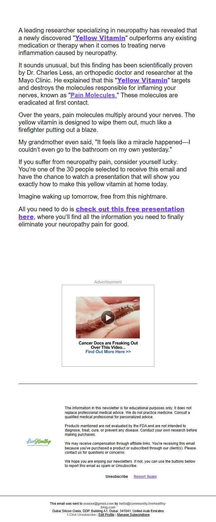 Screenshot of the email generated on import