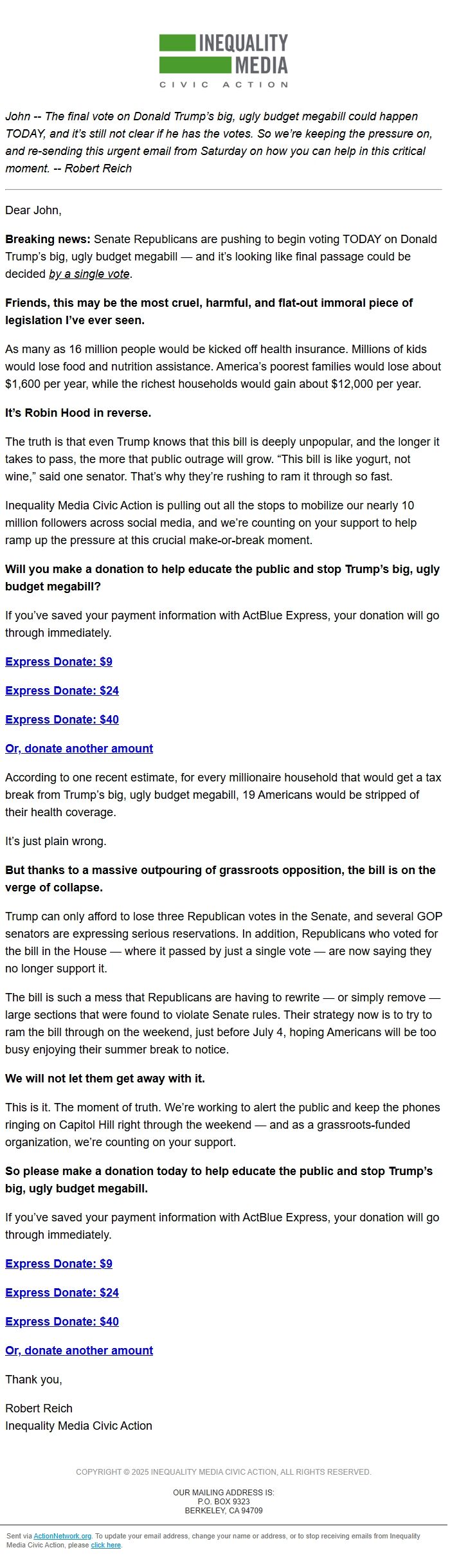 Screenshot of the email generated on import
