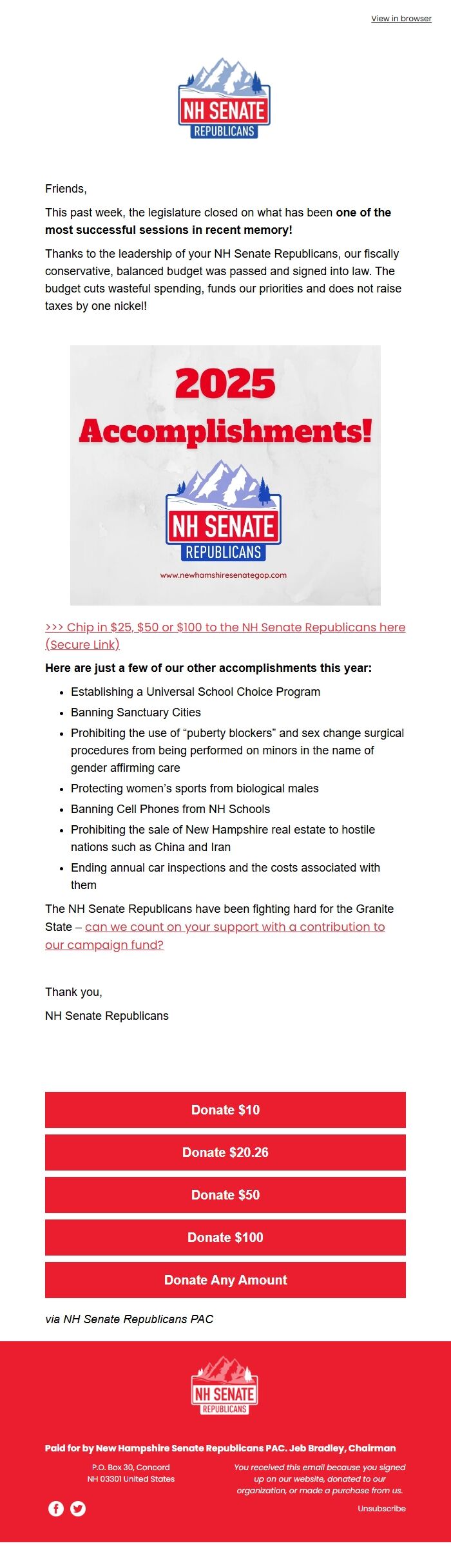Screenshot of the email generated on import