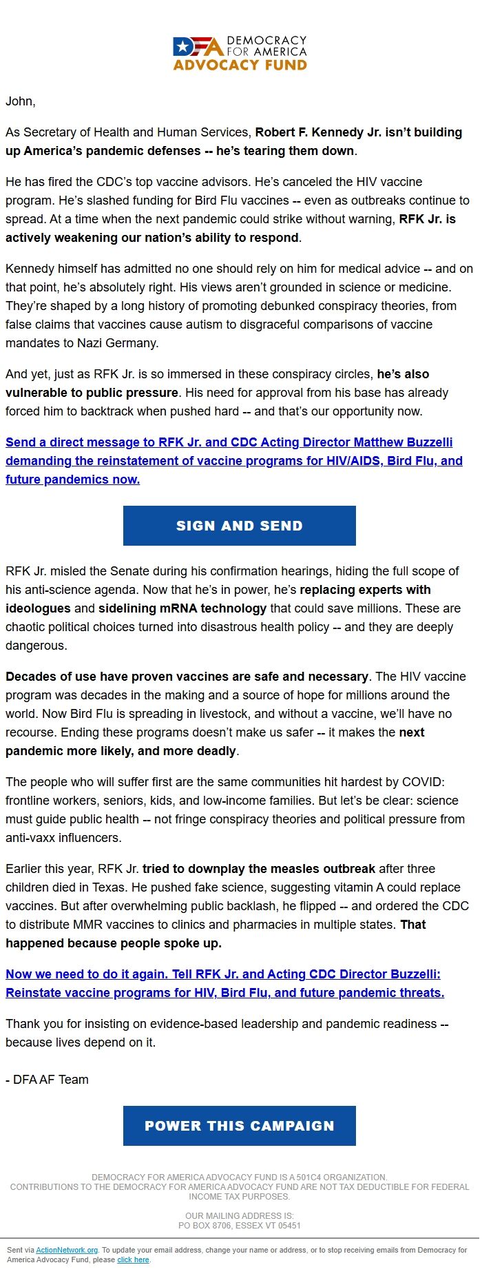 Screenshot of the email generated on import