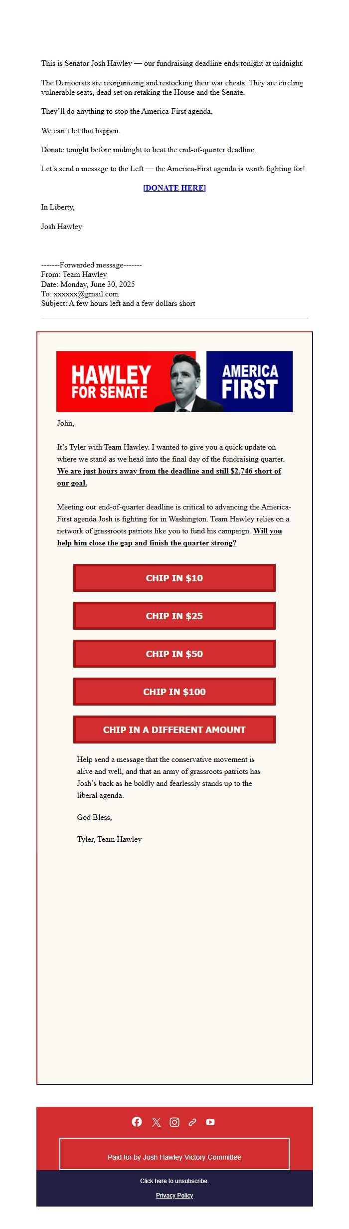 Screenshot of the email generated on import