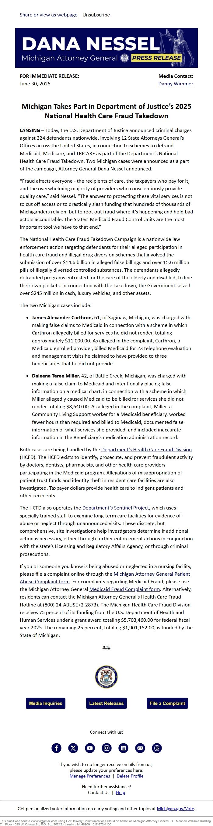 Screenshot of the email generated on import