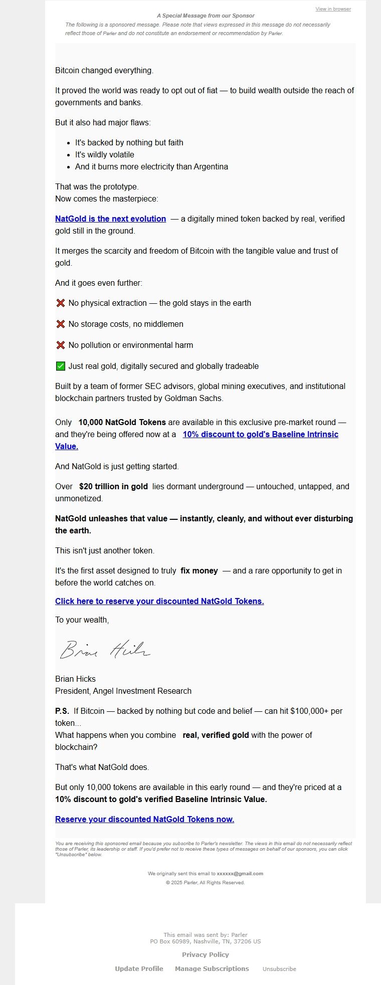 Screenshot of the email generated on import
