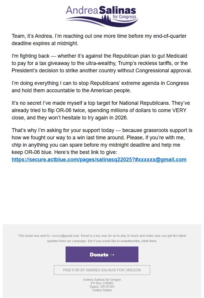 Screenshot of the email generated on import