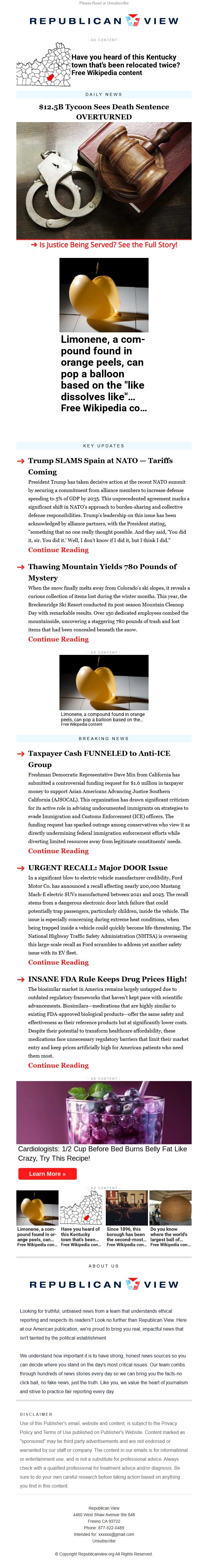 Screenshot of the email generated on import