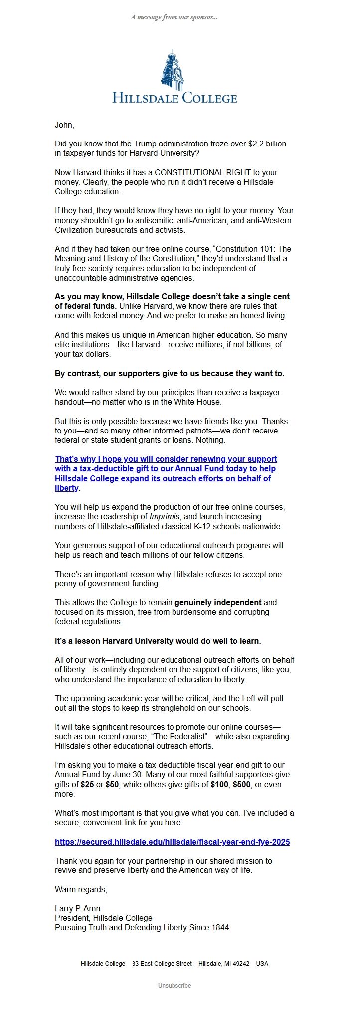Screenshot of the email generated on import