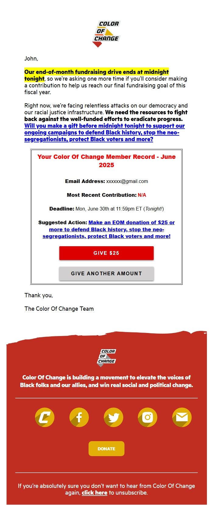 Screenshot of the email generated on import