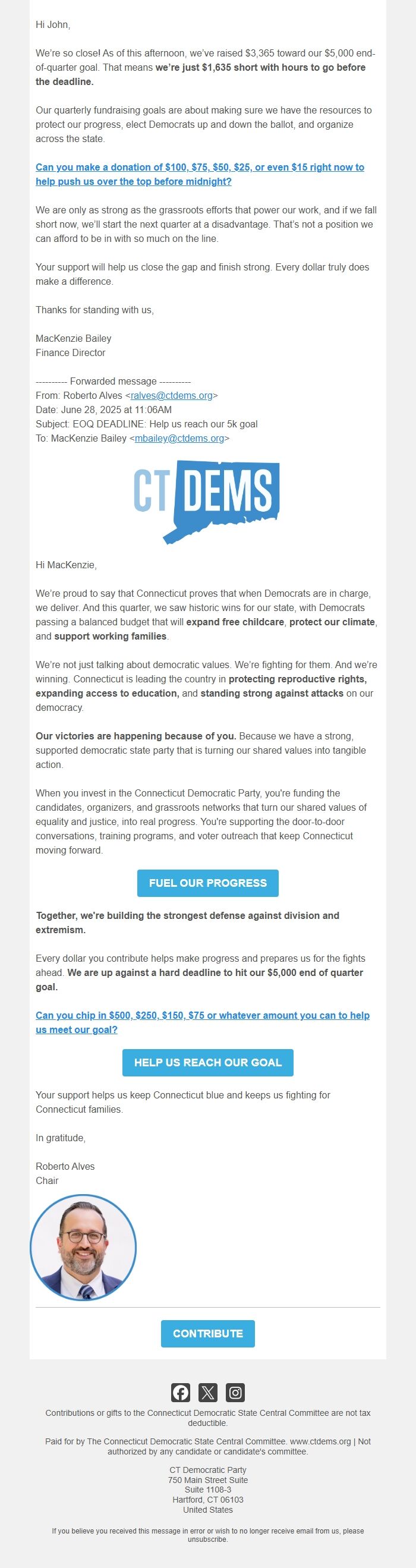 Screenshot of the email generated on import