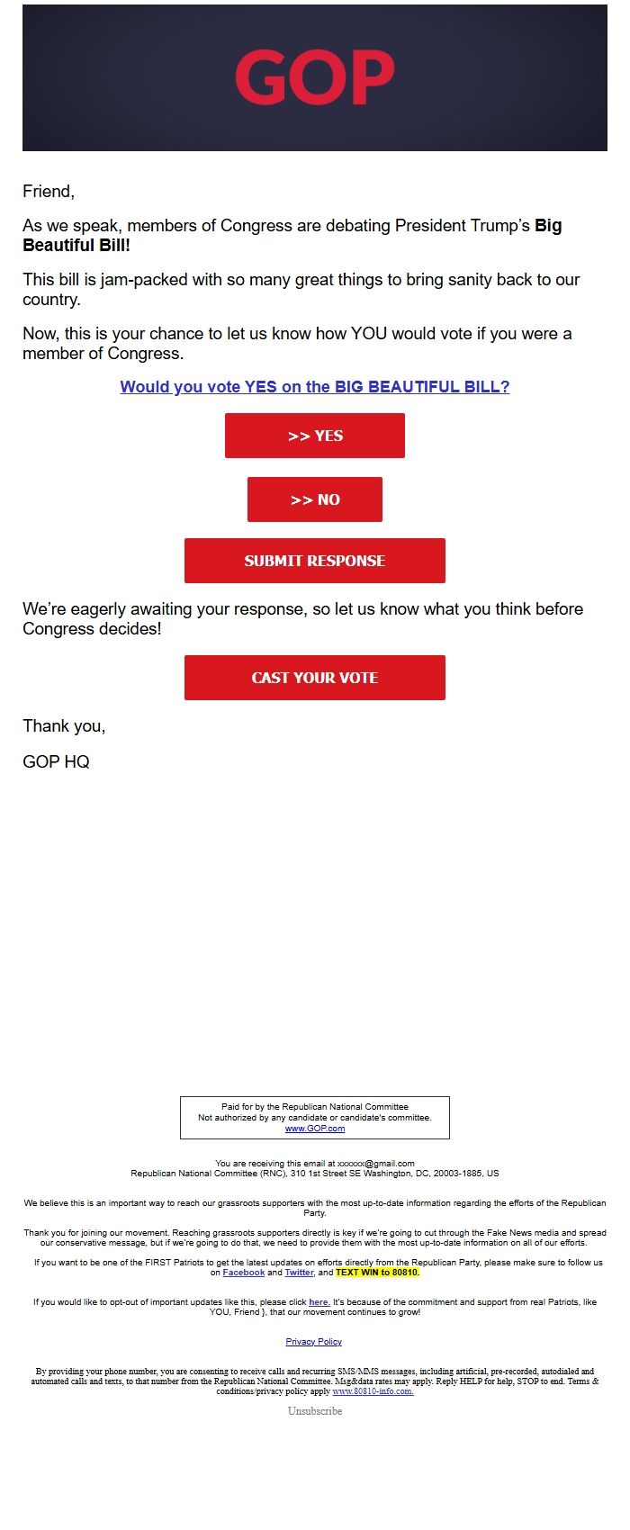 Screenshot of the email generated on import