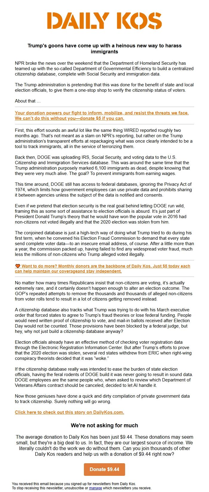 Screenshot of the email generated on import