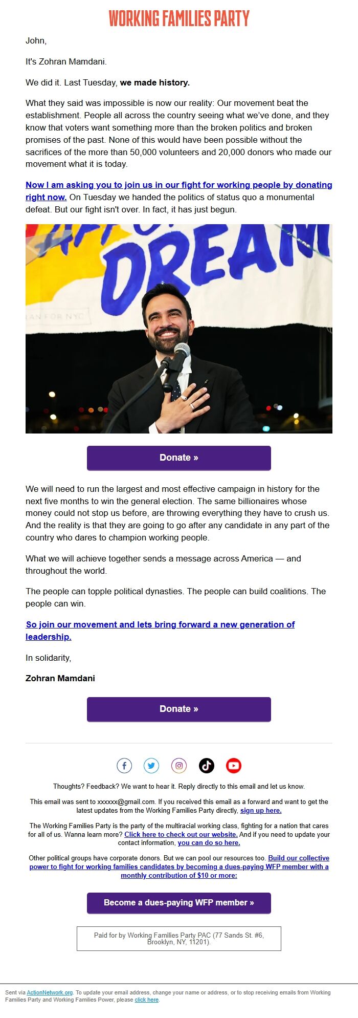 Screenshot of the email generated on import