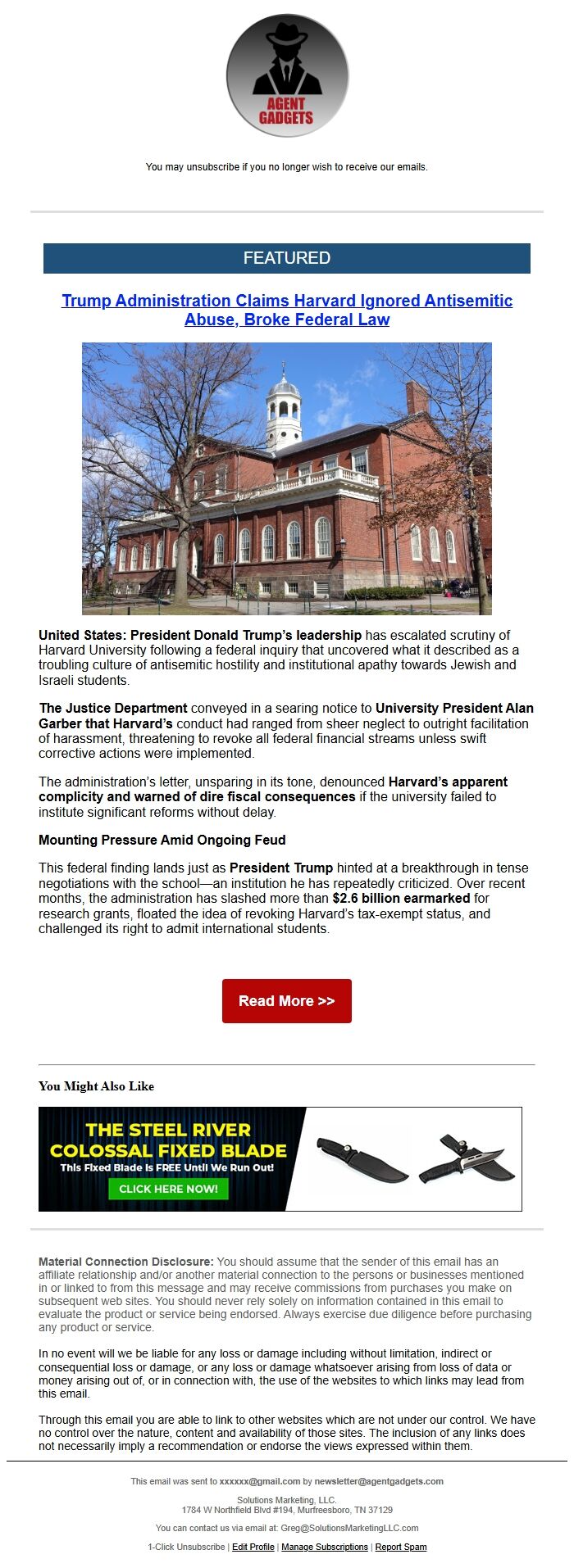 Screenshot of the email generated on import