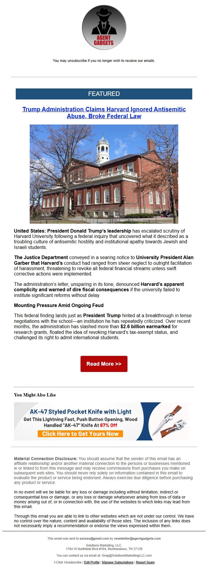 Screenshot of the email generated on import