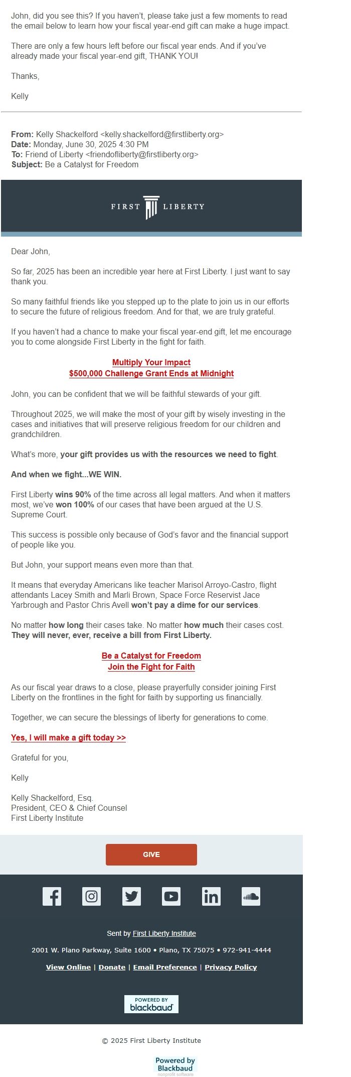 Screenshot of the email generated on import