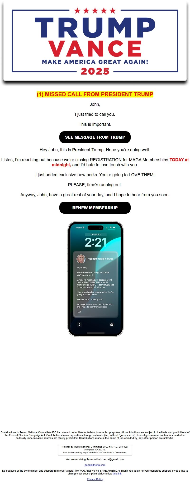 Screenshot of the email generated on import
